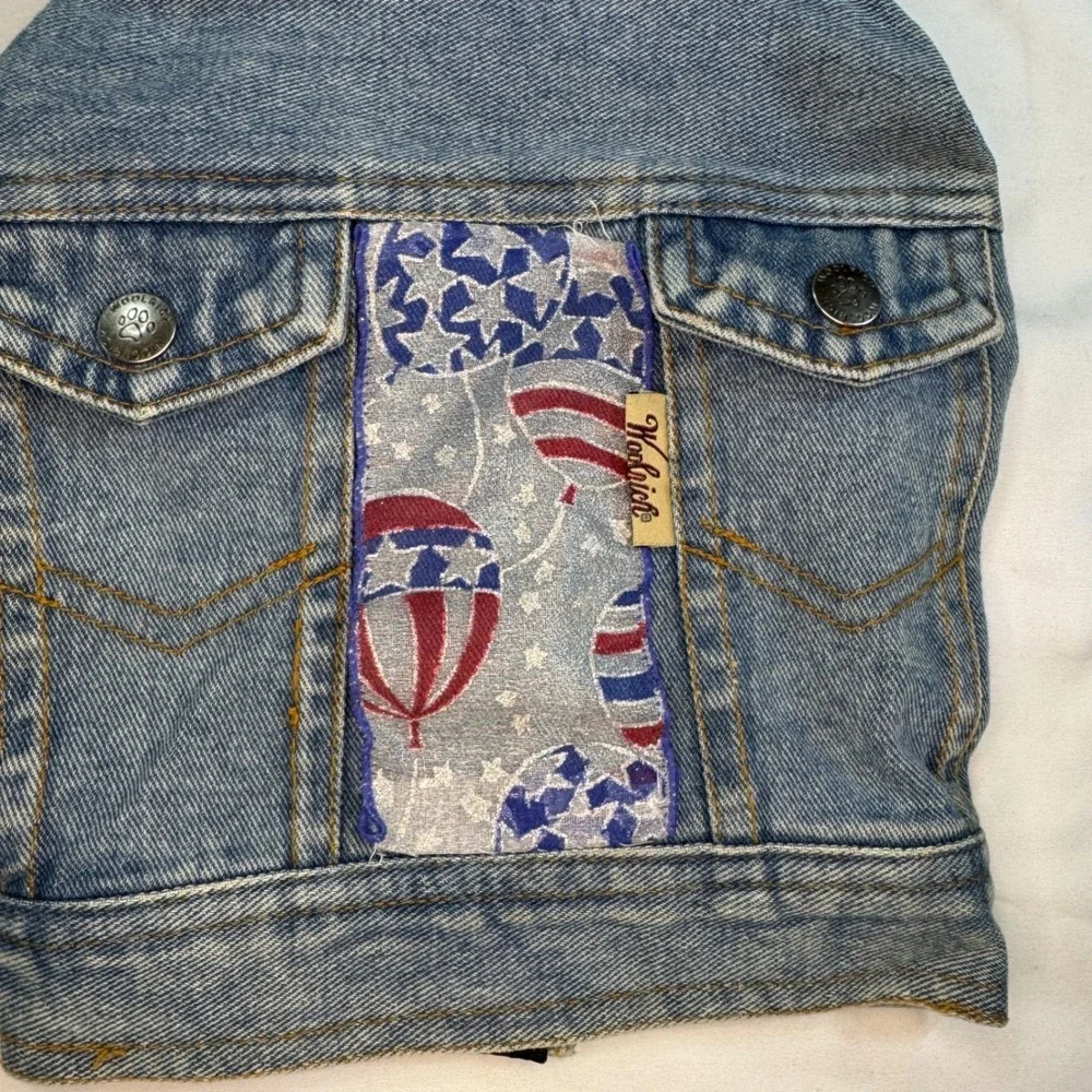 Woolrich Small Dog Denim Jacket Vest Set Patriotic Sequin Stars Blue Medium Wash